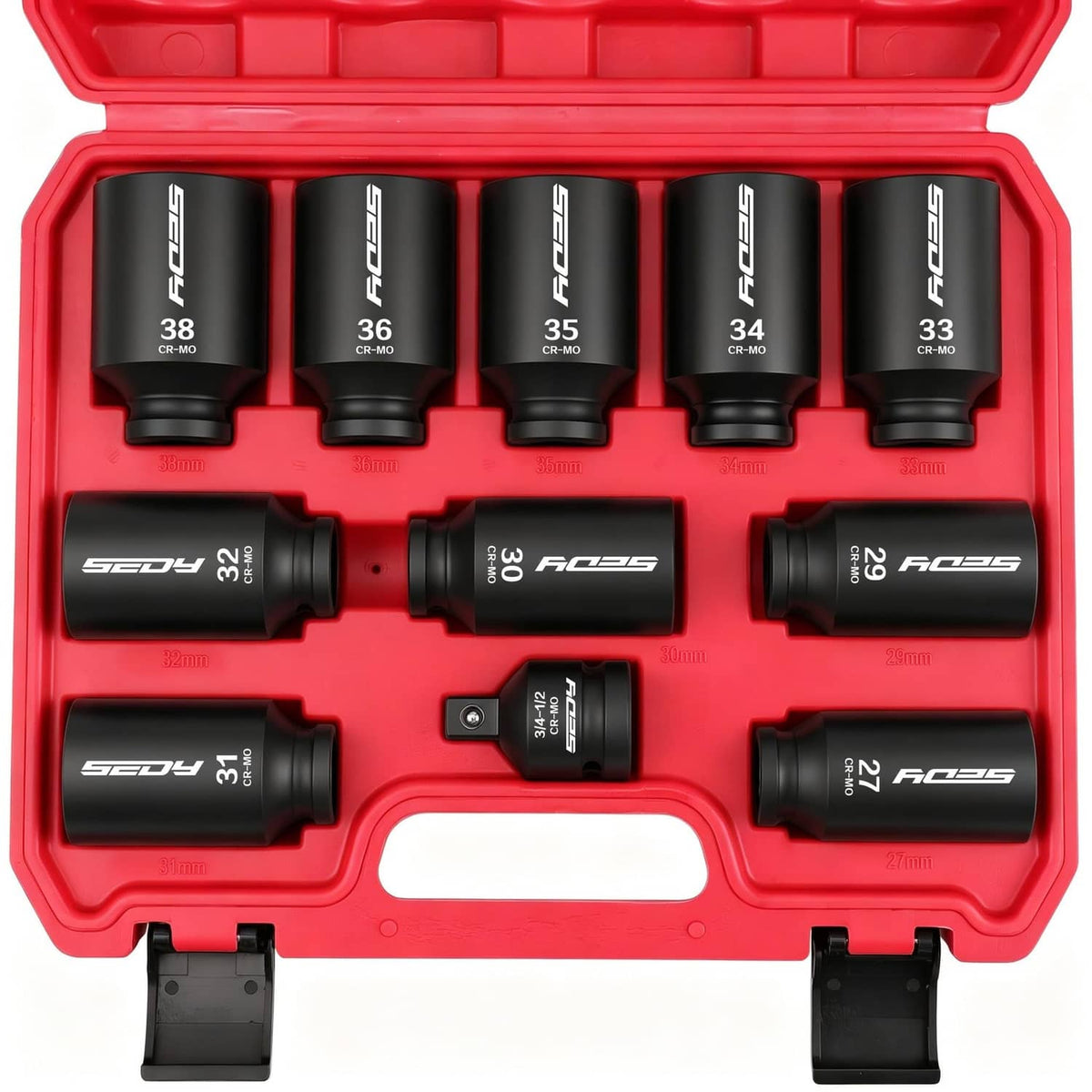 1/2 drive impact socket set in red case with multiple metric deep sockets