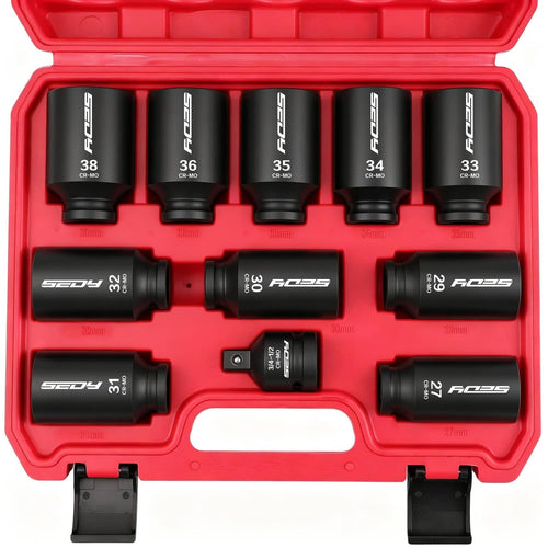 1/2 drive impact socket set in red case with multiple metric deep sockets