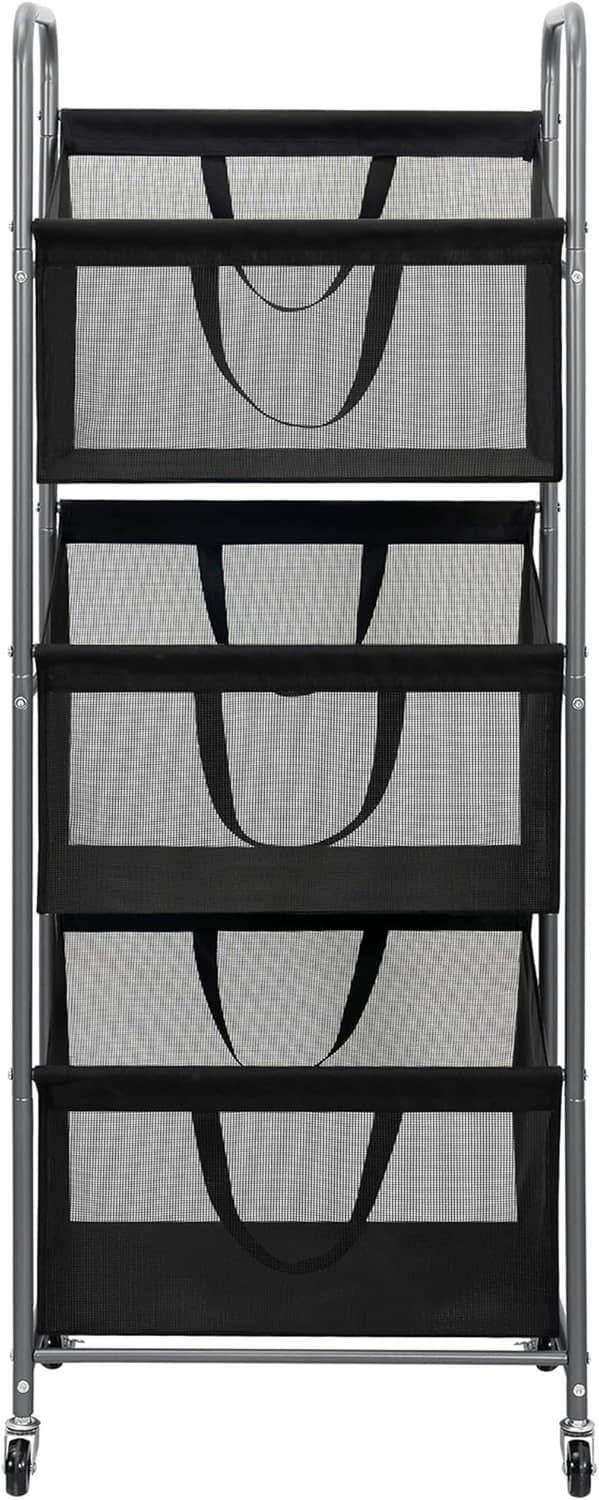 Front view of 3-tier rolling laundry hamper with black mesh storage bags