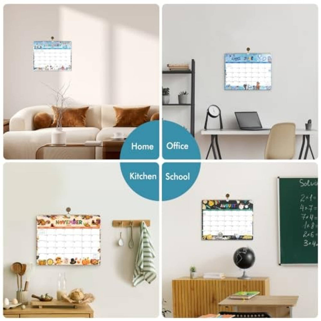 Wall calendar displayed across home, office, kitchen, school settings (4-panel collage)
