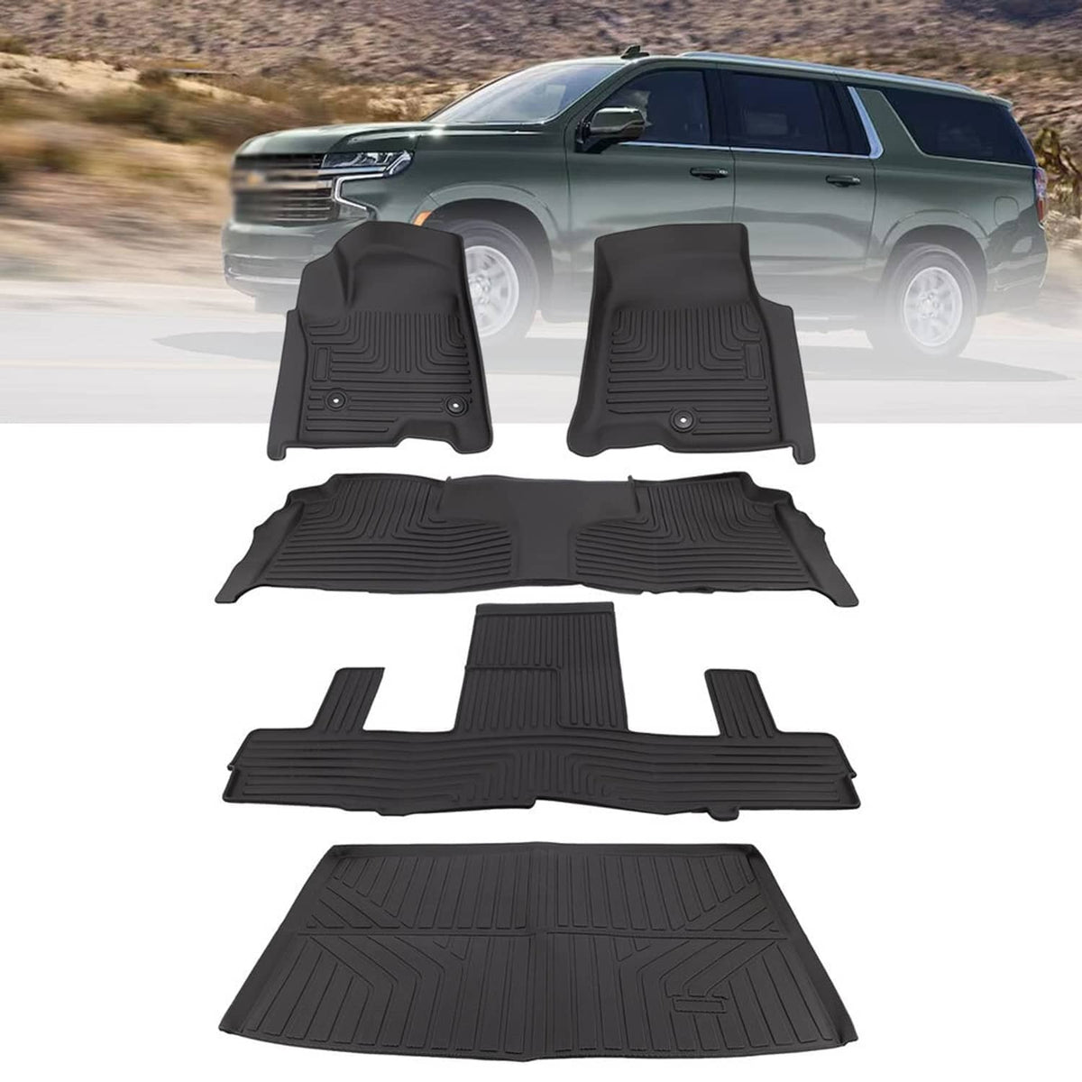 Black molded floor mats and cargo liner set with textured grip patterns