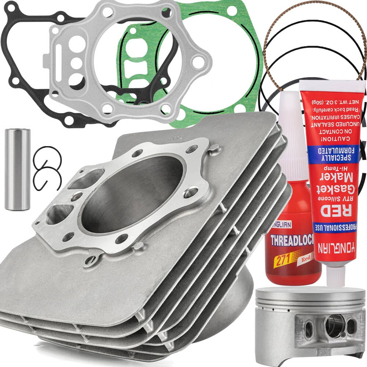 Cylinder top end kit showing cylinder, head gasket, O-ring gasket, and piston parts