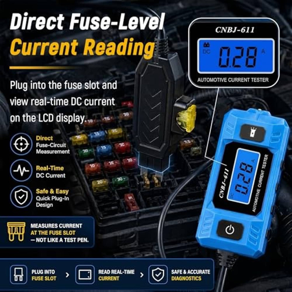 Automotive current tester with LCD showing DC current and black fuse-slot probe
