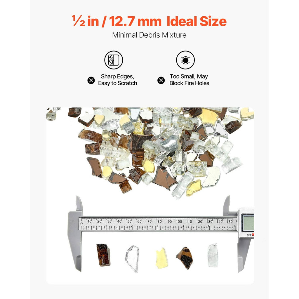 Mixed clear, copper, and gold glass rocks with size ruler for 1/2 inch pieces