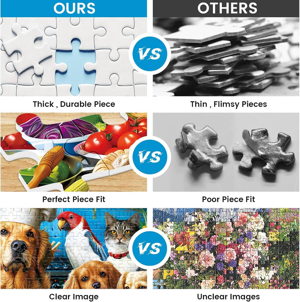 Puzzle piece quality comparison graphic with thick, durable jigsaw pieces
