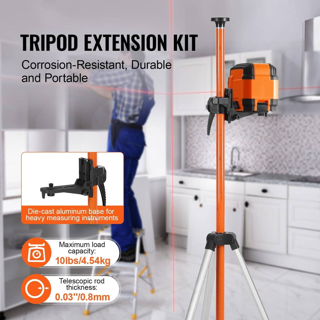 Orange laser module mounted on black bracket atop a tall tripod stand