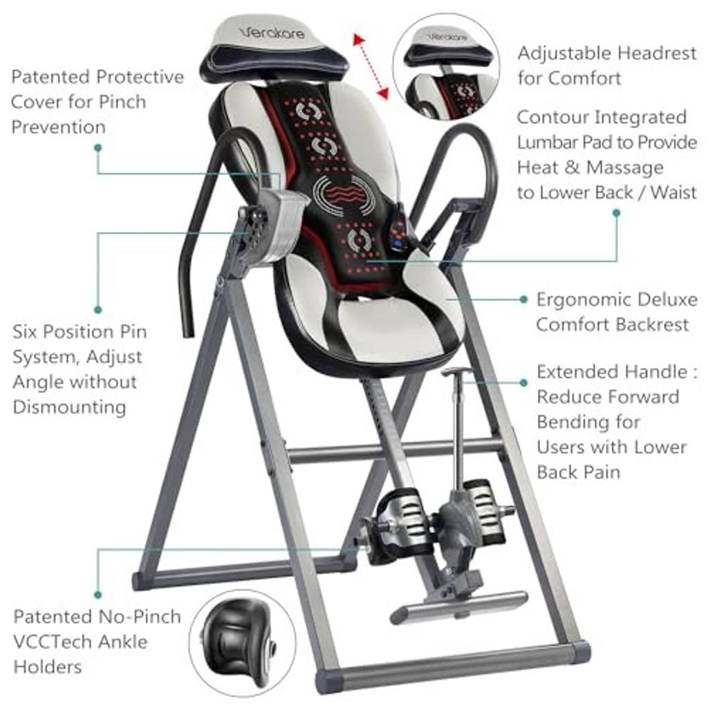 Inversion table with six-position pin system, ergonomic backrest, and ankle holders