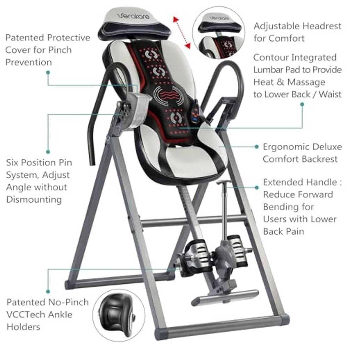 Inversion table with six-position pin system, ergonomic backrest, and ankle holders