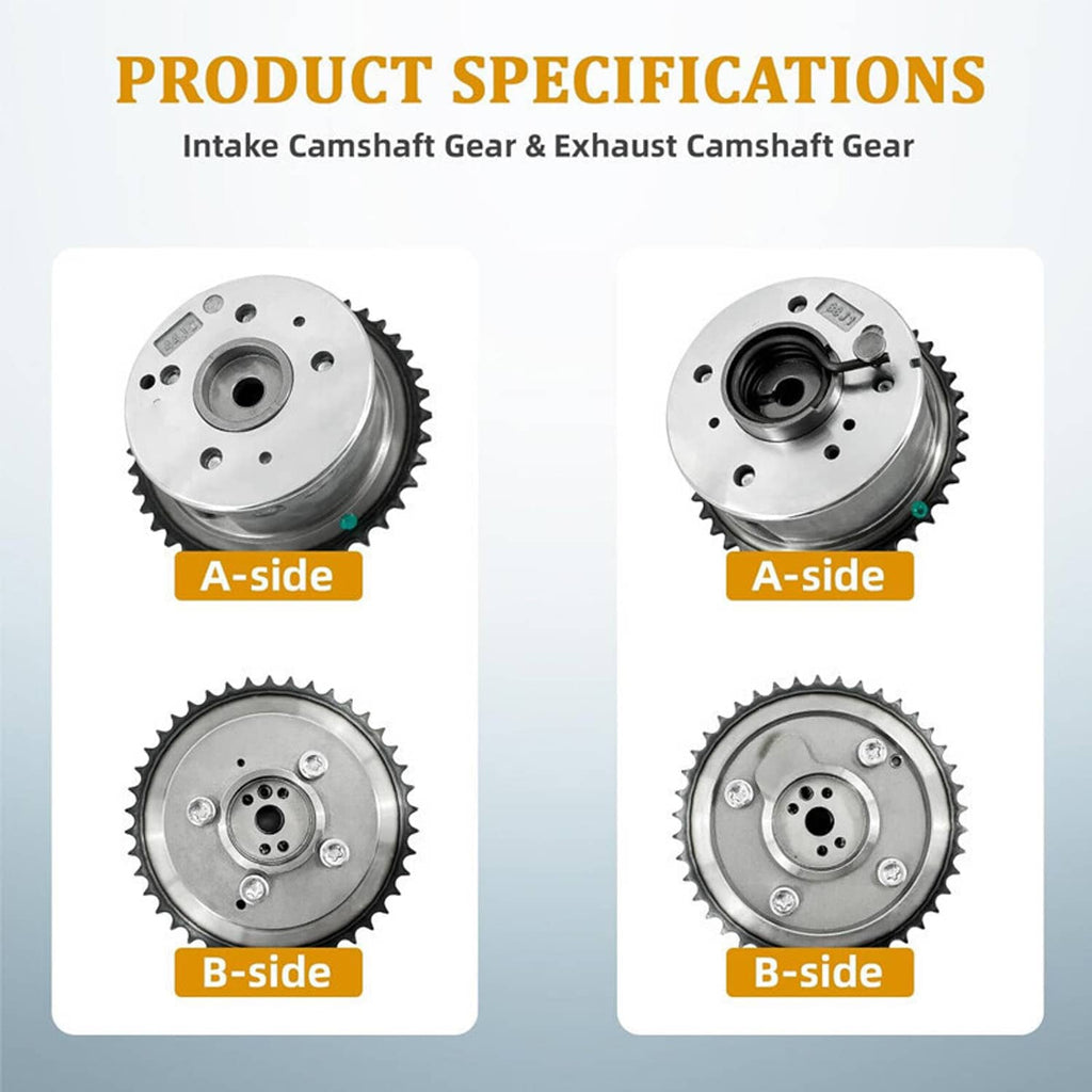 Intake and exhaust camshaft gears with A-side and B-side sprocket views