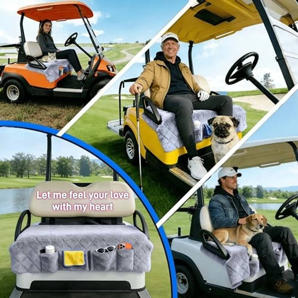 Light gray quilted plush golf cart seat cover blanket on golf cart bench