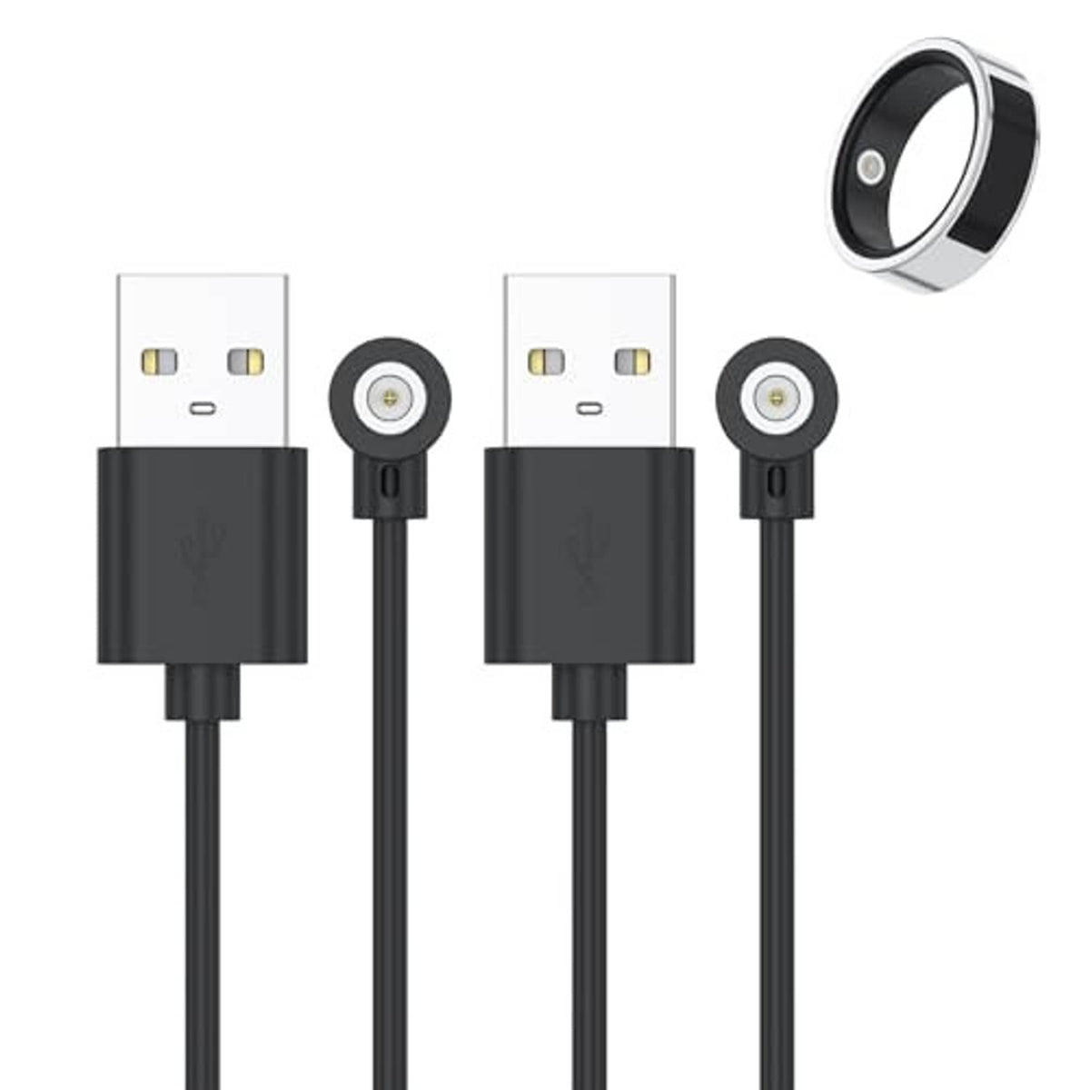 Set of two smart ring charger cables with USB-A plugs and magnetic adapters, black
