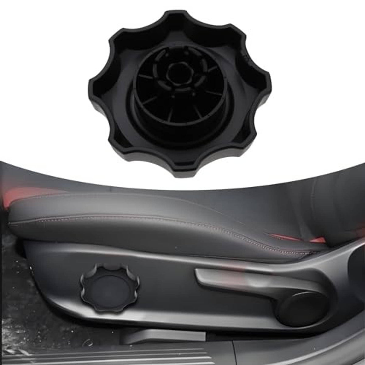 Black seat adjustment knob with exposed underside and circular mount