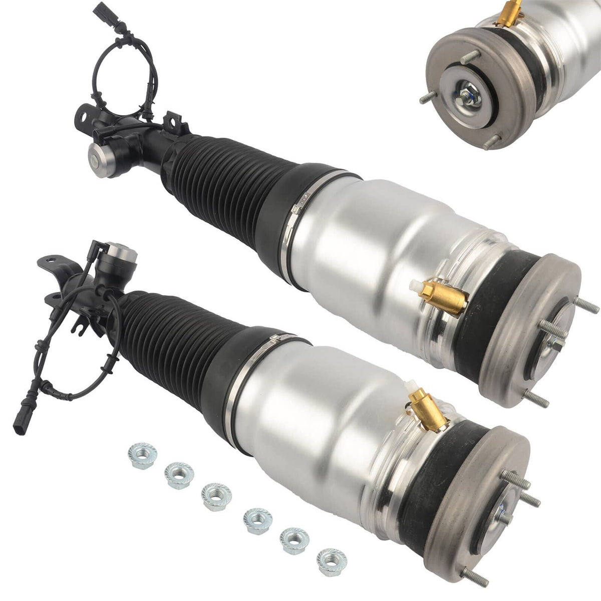 Pair of front air suspension struts with black bellows and silver metal cylinders, with brackets