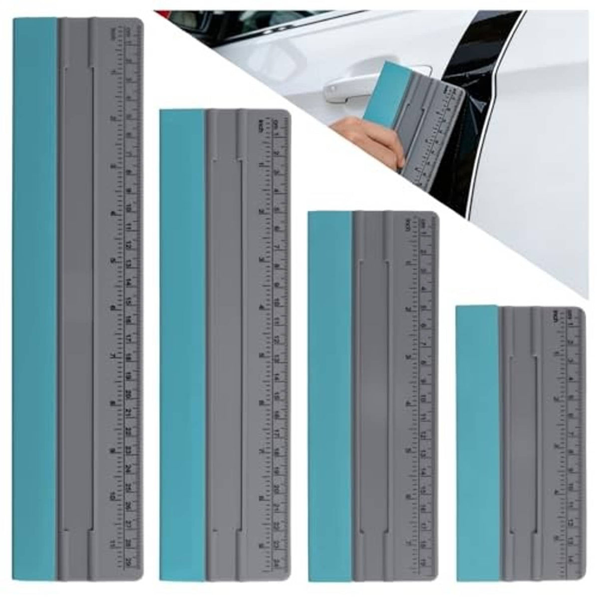 Gray and teal squeegee ruler tools with soft edge blades for smoothing window film