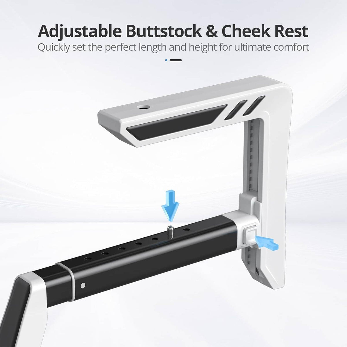 VR gunstock with adjustable cheek rest and buttstock support, white frame and black rail