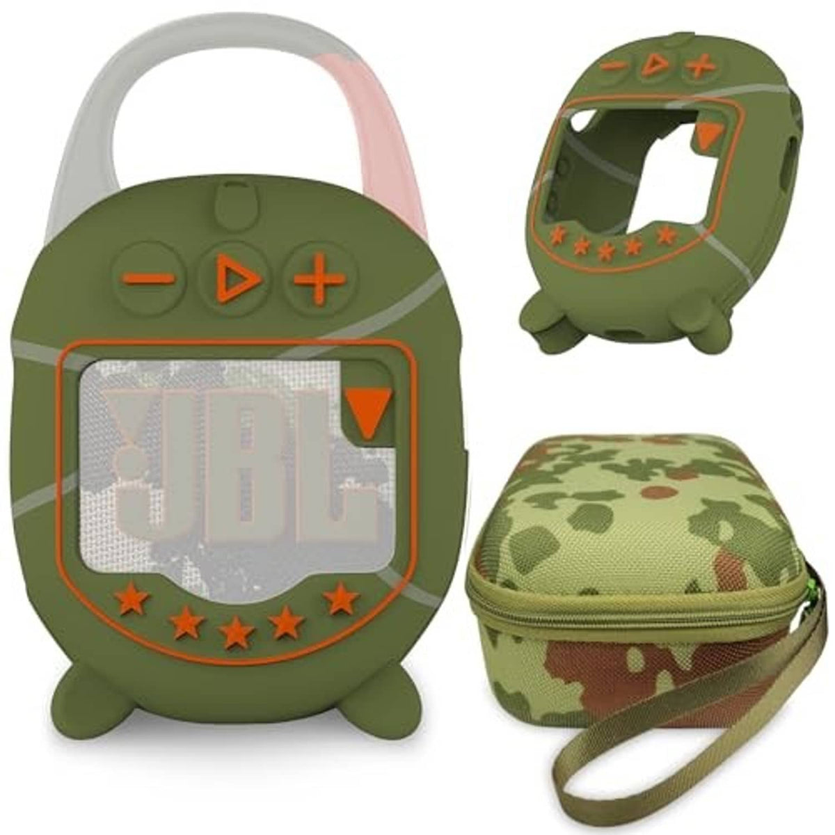 Olive green silicone and hard-shell case with olive camo pouch for JBL Clip 5.