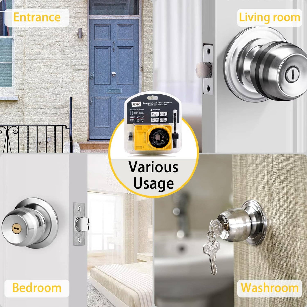 Deadbolt lock with included yellow hole-saw template for installation