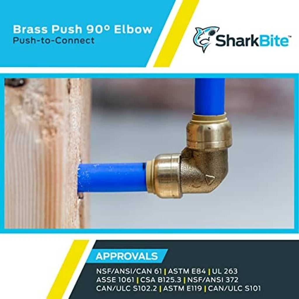 Brass 90° push-to-connect elbow fitting installed on blue PEX tubing