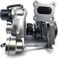 Turbocharger with silver housing and black compressor inlet, metal flange and hoses