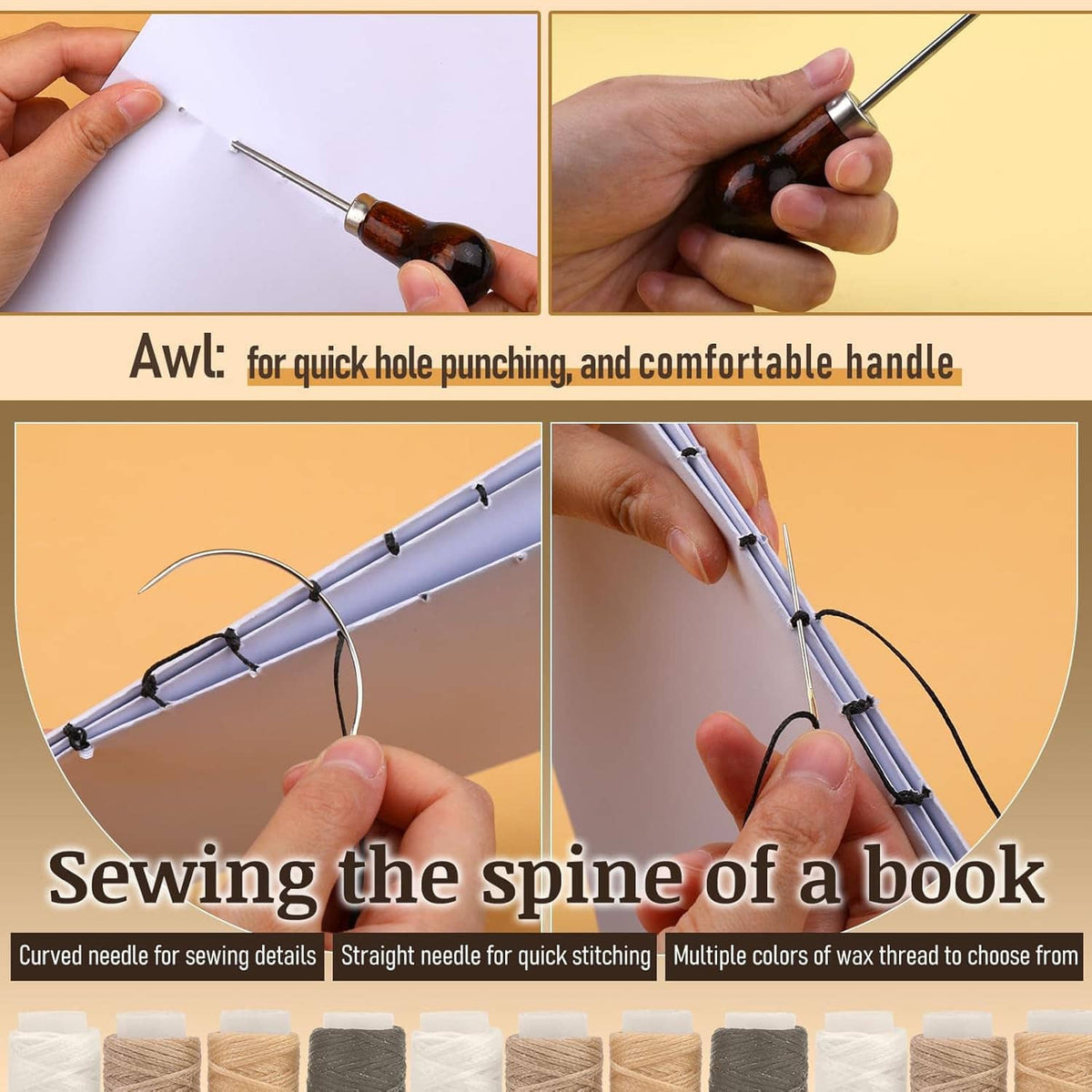 Book binding tool set with awl, curved needles, and wax thread for sewing spines