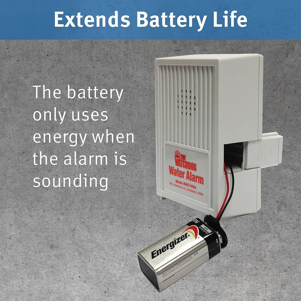 White water leak alarm with battery compartment and power supply cable