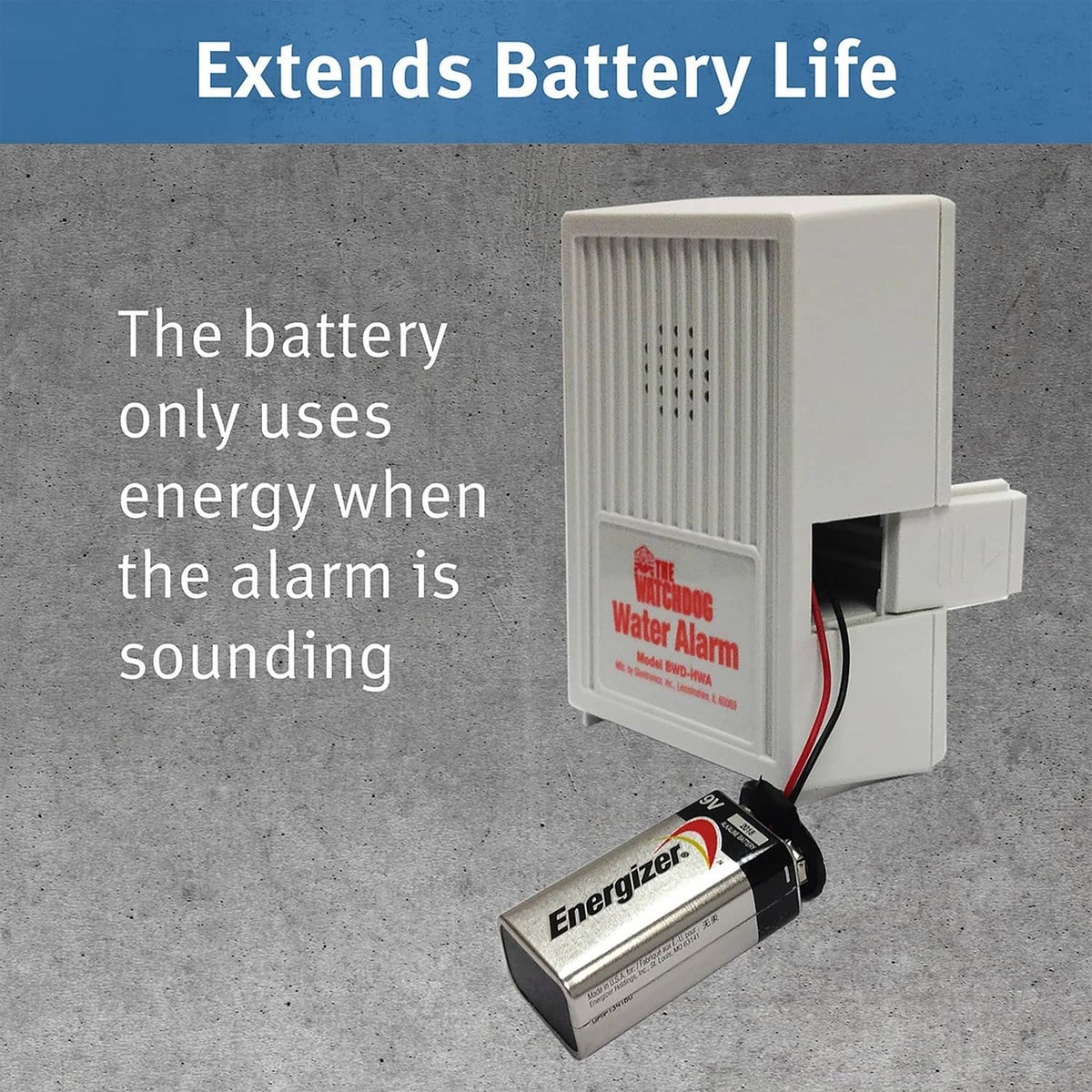 White water leak alarm with battery compartment and power supply cable