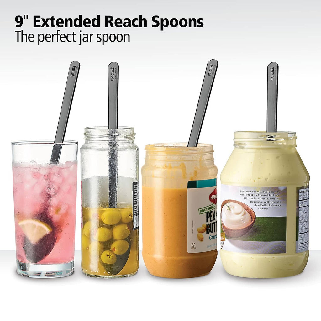 Set of black long-handle spoons next to assorted drink containers