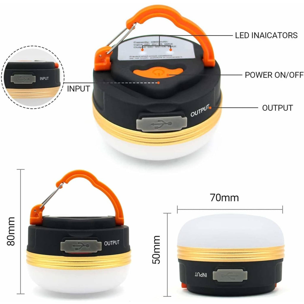 LED camping lantern with LED indicators, power on button, and output port; 70mm
