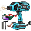 Handheld blue SEESII inverter welder with black grip, welding helmet, and ground clamp