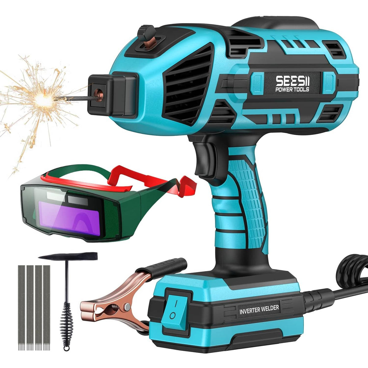 Handheld blue SEESII inverter welder with black grip, welding helmet, and ground clamp
