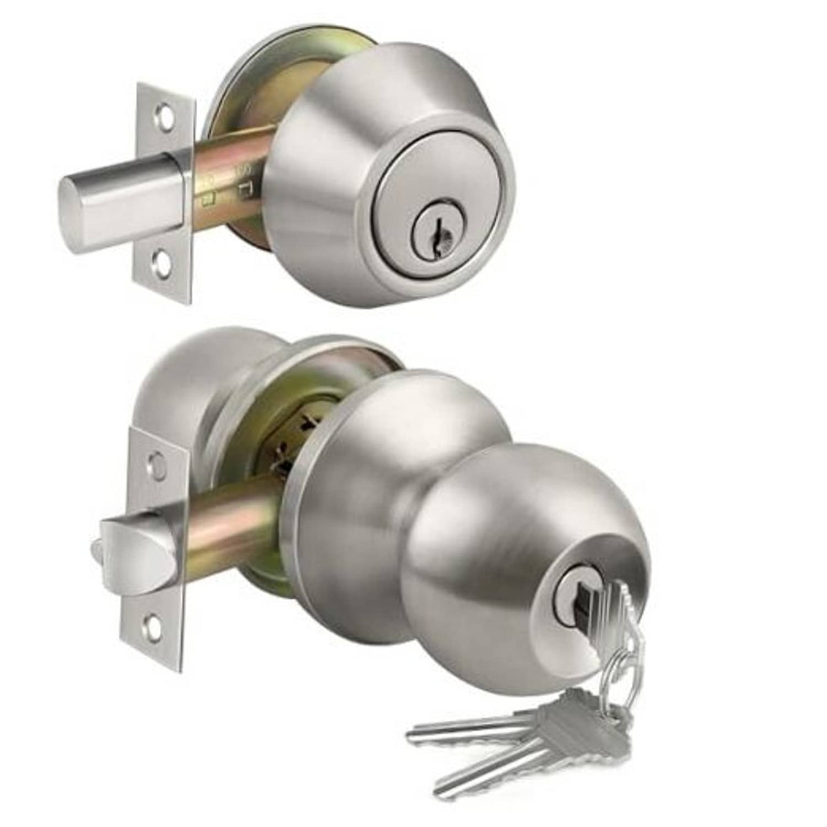 Satin nickel keyed alike deadbolt and exterior door knob lockset with keys