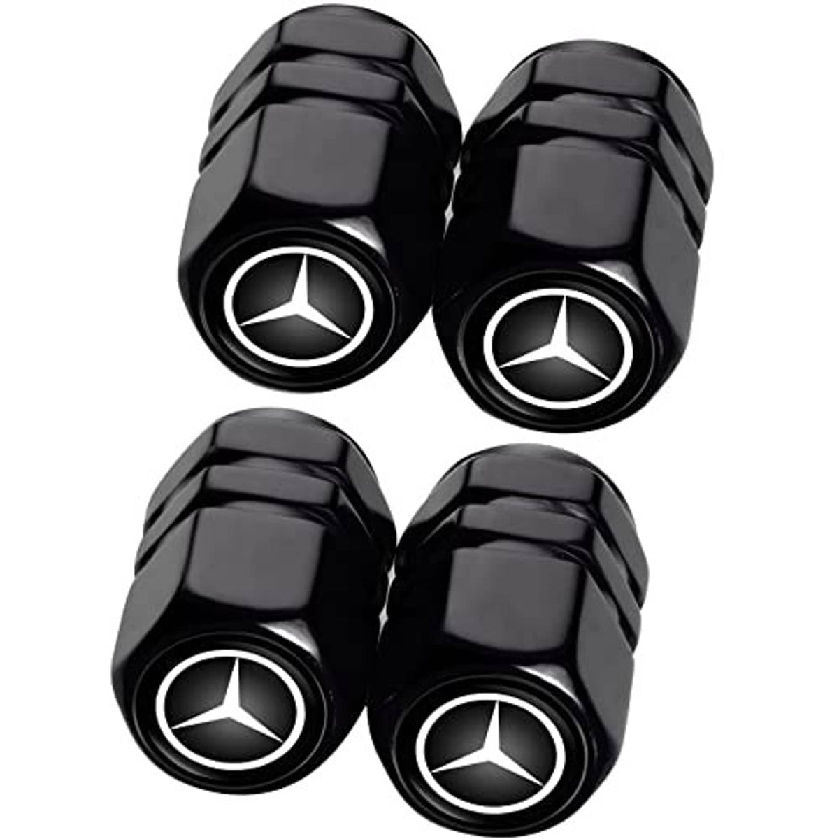 Four black valve stem caps with Mercedes logo on round, ribbed ends
