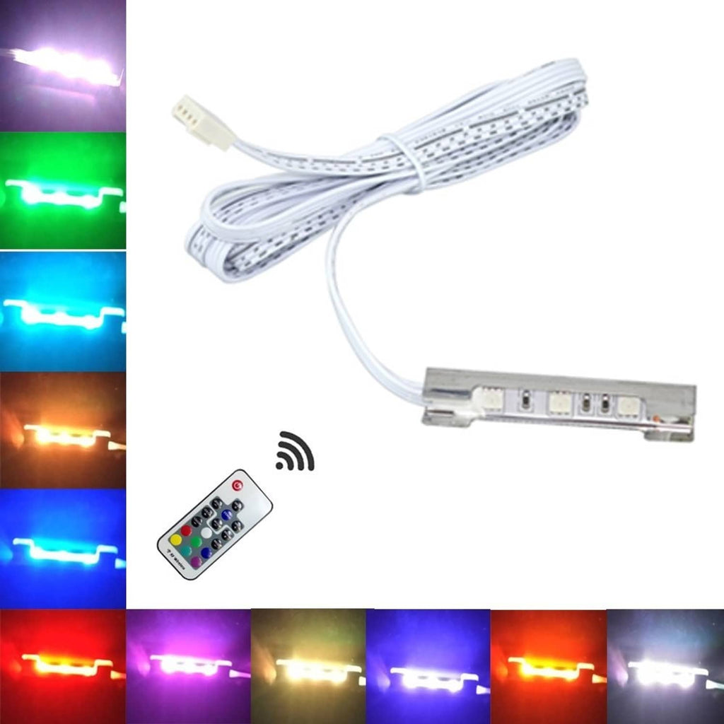 LED light strip with controller cable and RGB remote, showing multi-color light options