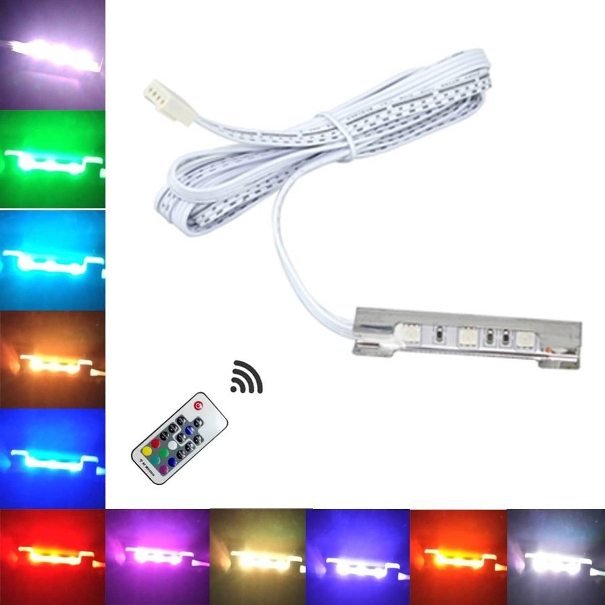 LED light strip with controller cable and RGB remote, showing multi-color light options
