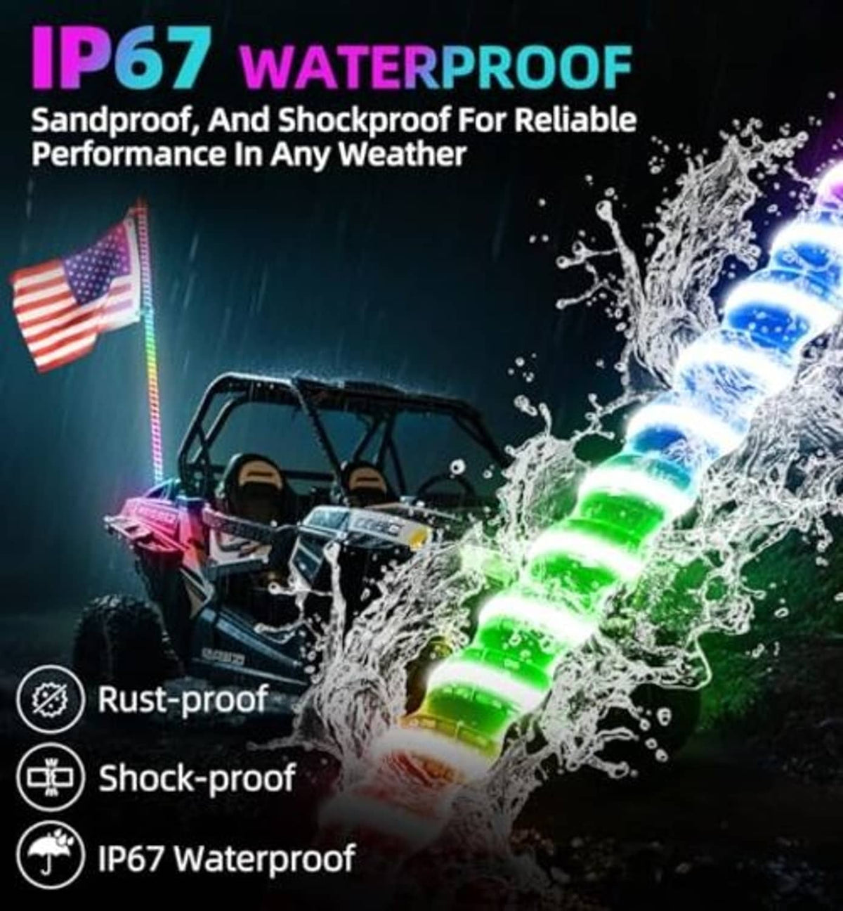Waterproof RGB LED whip light glowing bright green with rainbow multicolor LEDs