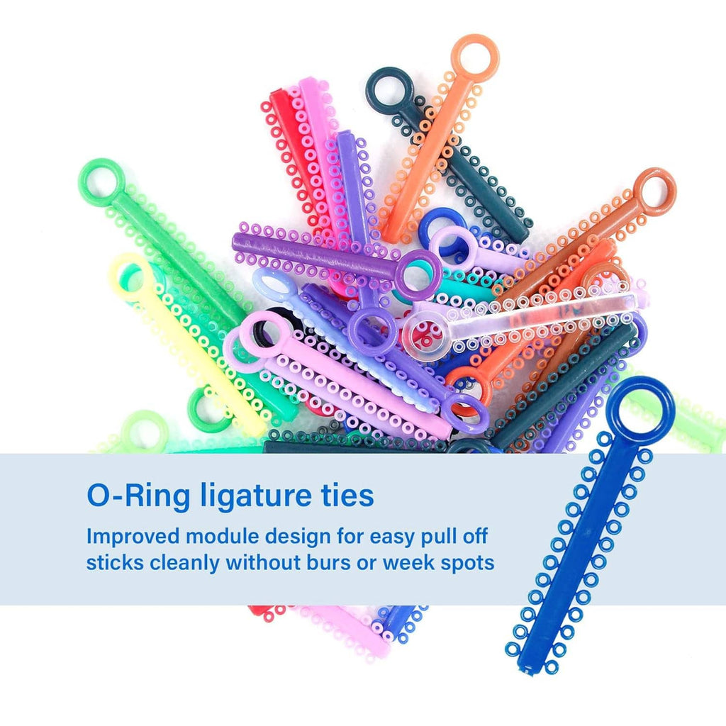 Orthodontic elastic ligature ties with multicolor O-ring loops on straight stick ties