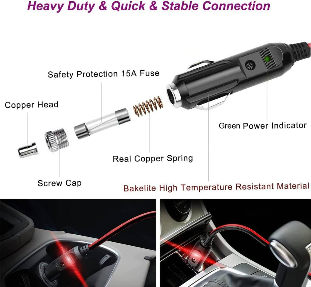 Black car plug power adapter with green indicator, fuse, and copper spring contact