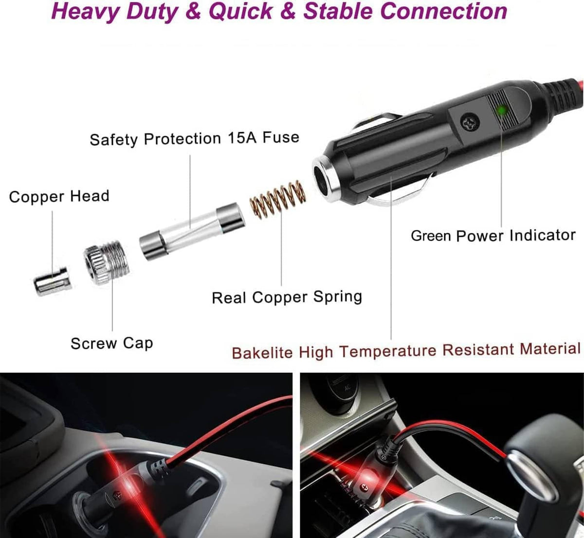 Black car plug power adapter with green indicator, fuse, and copper spring contact