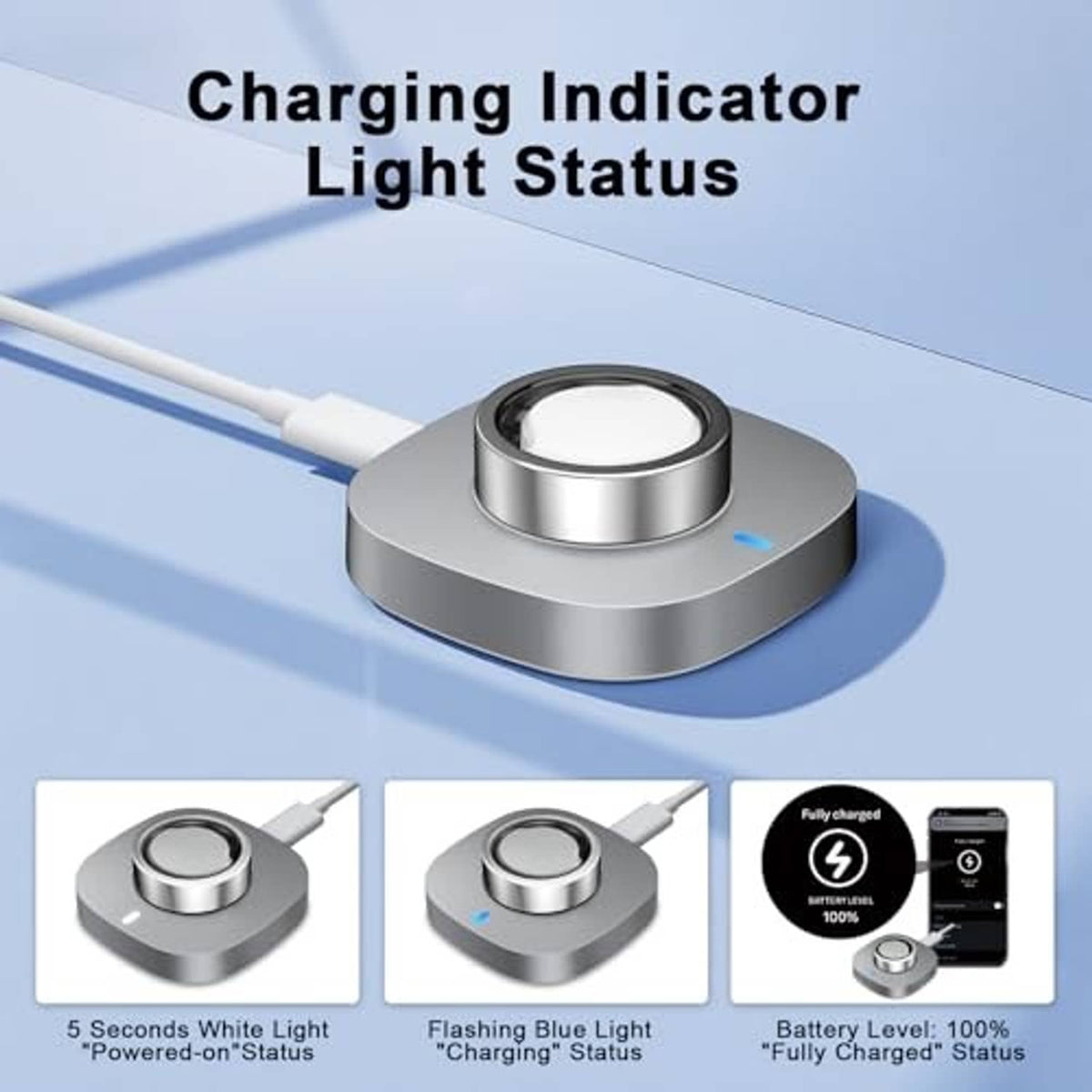 Gray charging dock with centered circular cradle and indicator light next to cable