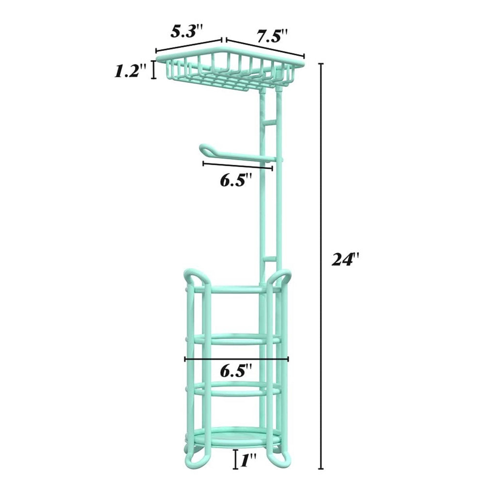 Mint toilet paper roll holder stand with top wire basket, labeled size diagram