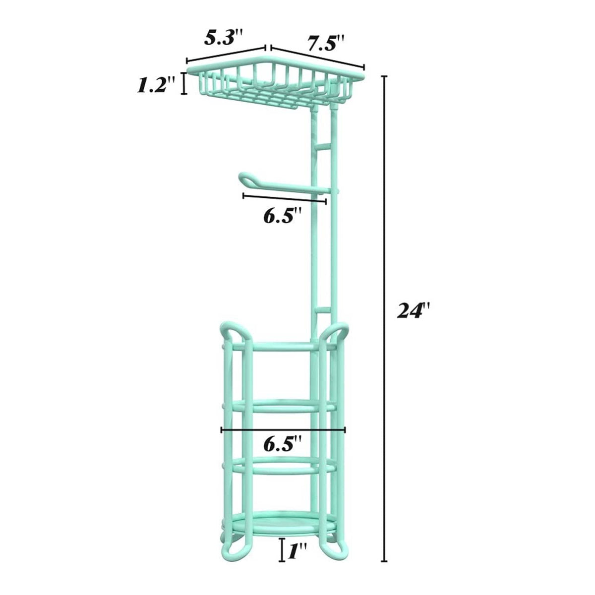 Mint toilet paper roll holder stand with top wire basket, labeled size diagram