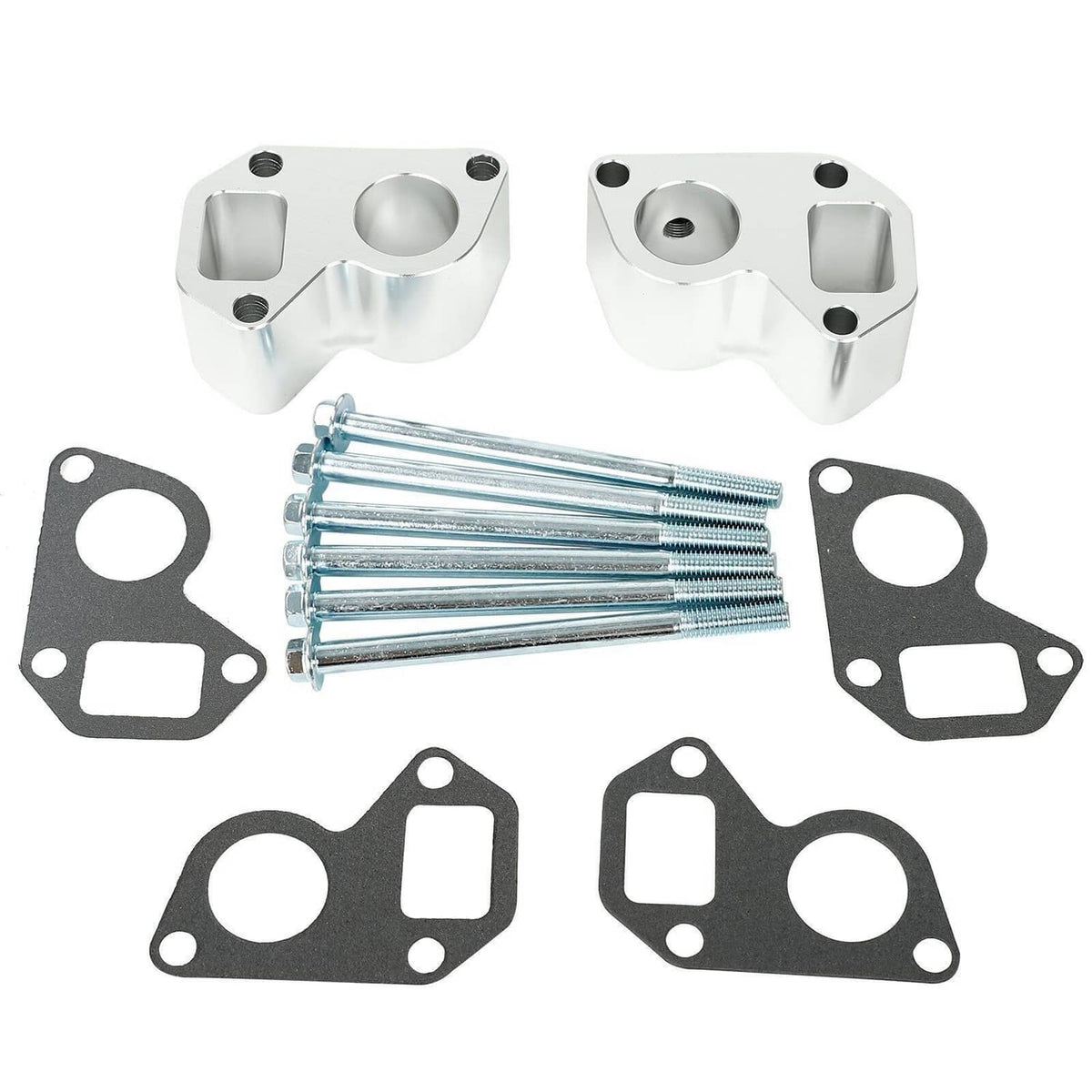 Water pump spacer adapter swap kit with silver spacers, mounting bolts, and gaskets
