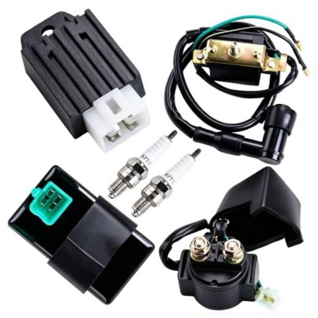 Ignition control and wiring harness kit with CDI module, coil, regulator, and spark plugs