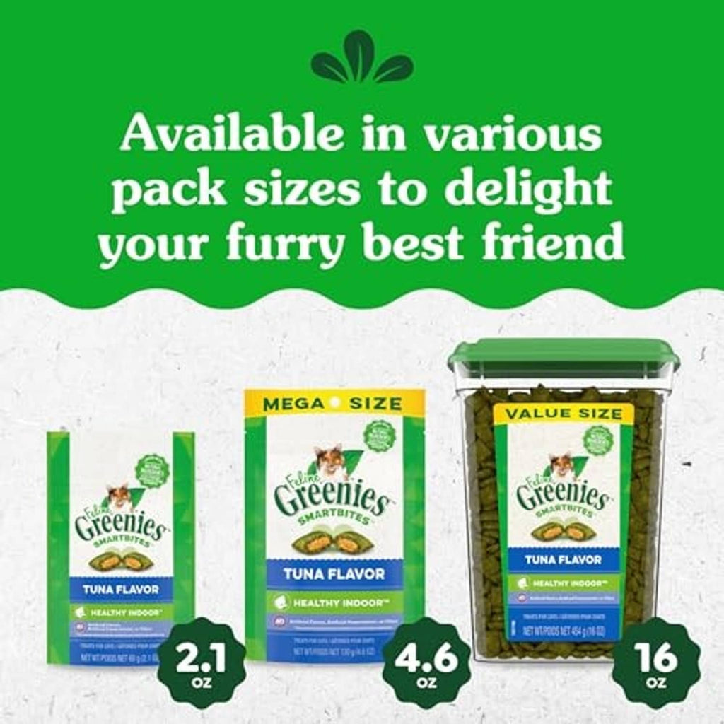 Greenies tuna flavor cat treat packs: 2.1 oz, 4.6 oz, 16 oz