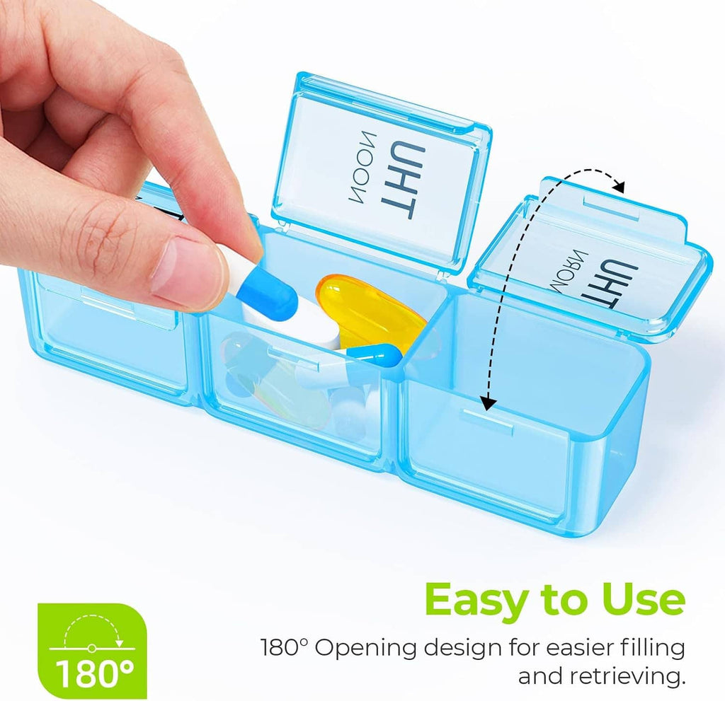 Blue large weekly pill organizer being opened to access pill compartments with 180° hinge
