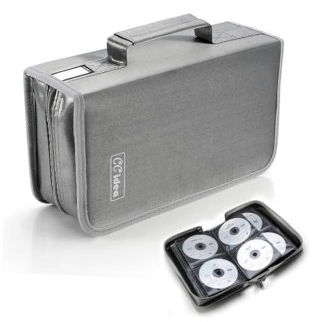 Gray DVD storage case with handle, open inner pockets holding discs