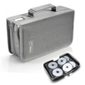 Gray DVD storage case with handle, open inner pockets holding discs