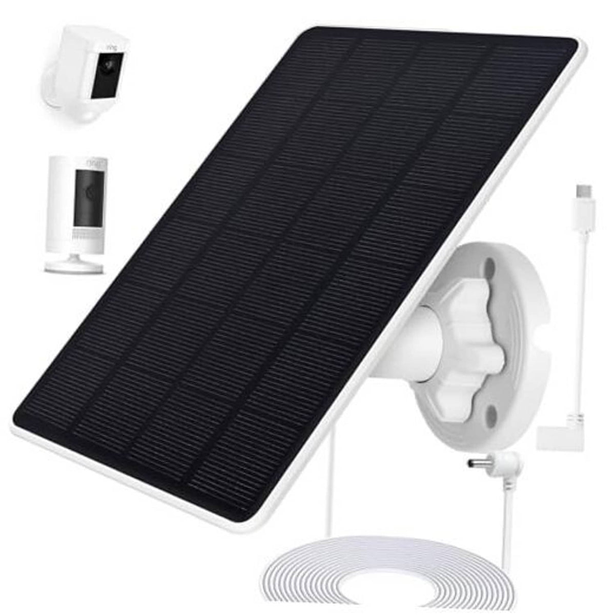 Solar panel charging kit with dark photovoltaic panel and white camera mount bracket