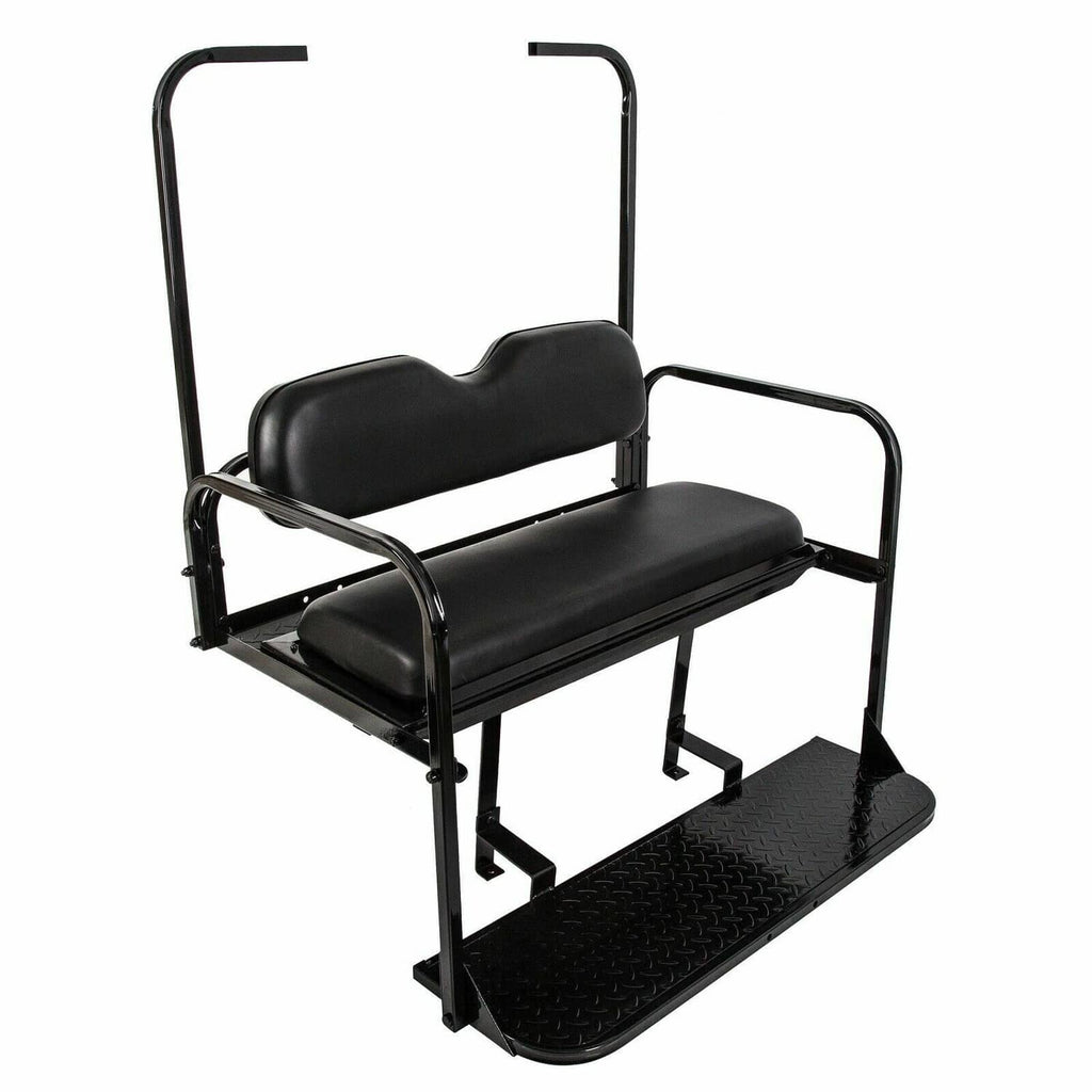 Black folding rear seat cushion pad with roof support and textured foot platform for golf cart