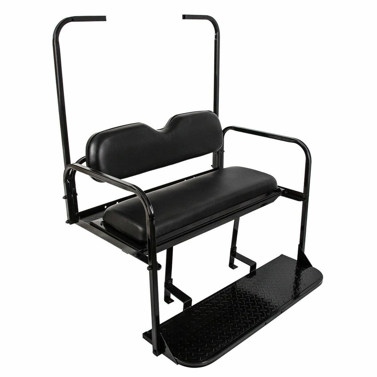 Black folding rear seat cushion pad with roof support and textured foot platform for golf cart